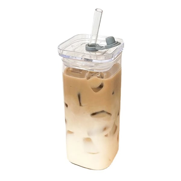 Home Glass Square Water Cup With Straw High Temperature Coffee Milk Cup Cold Drink Juice Cup Clear Sippy Cup With Lid 400ml 301-400ml