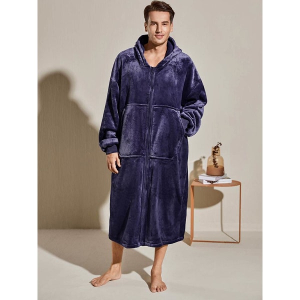 Men's Oversized Warm And Comfortable Flannel Blanket Robe, Long Sleeve Zipper Hoodie Sweatshirt Hooded Sleep Robe