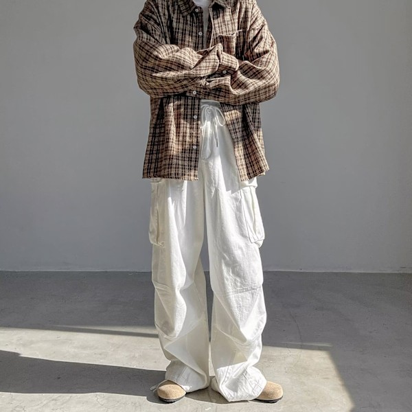 Suorat housut miehille 2024 Uusi kevät Kiristysnauha Korsetti Hoikentavat housut Kudotut Retro Kuljettajat White XL
