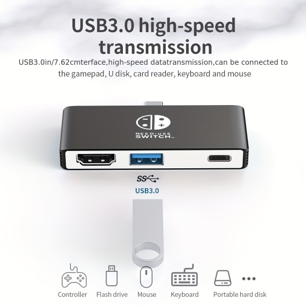 C Hub för Nintendo Switch Multifunktionsadapter 3 i 1 dockningsstation för spel med 4K-kontakt för HDMI, USB 3.0-port, PD100W-laddningsport BLACK
