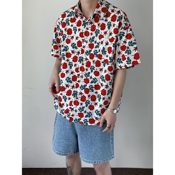 Hawaiian Rose Kortærmet Skjorte Mænds Amerikansk Retro Design Trendy Mærke Ruan Handsom Halv Ærme Strand Trøje Treny Red XL