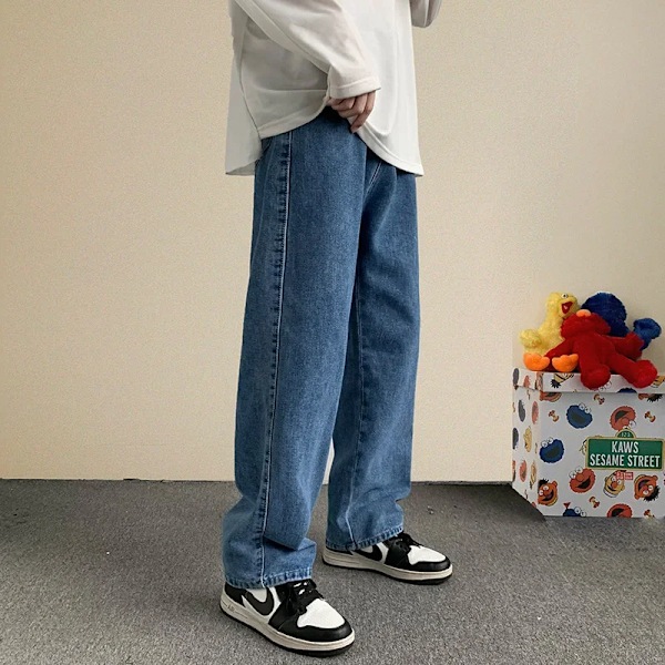 Koreanska Mode Män Bred Ben Jeans 80% Bomull Streetwear Rak Baggy Denim Byxor Manliga Varumärke Byxor Solid Färg Blue Asia L (57.5-65kg)