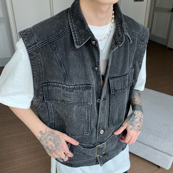 Mode Mærke Casual Slim-Fit Lomme Ærmeløs Denim Vest Mænds Koreansk Stil Trendy Rock Sommer 2021Ny Black XXXL