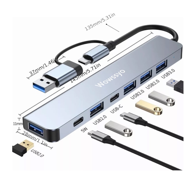 Hub USB C Multiport Adapter 17,78 Cm 1 Typ C Hub Adapter USB C till USB Ultra Slim Ports USB 3.0 / 2.0, USB-C DC-portar, För mobiltelefon Smartphone
