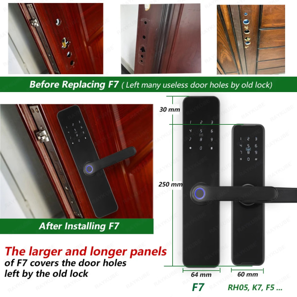 F7 TT-lås Smart fingeravtryckslås Elektriskt dörrlås med längre Större handtagspaneler Spegeldesign APP Fjärrkontroll 22x200