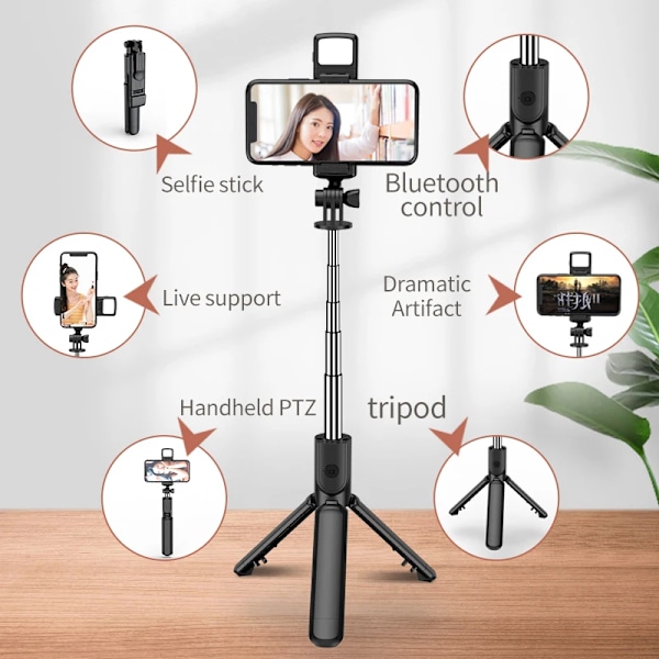 Med Fyllningsljus 360-Graders Rotation Trådlös Bluetooth Selfie Stick Remote Shutter Tripod För Iphone Xiaomi Huwe I Telefoninnehavare with Fill Light