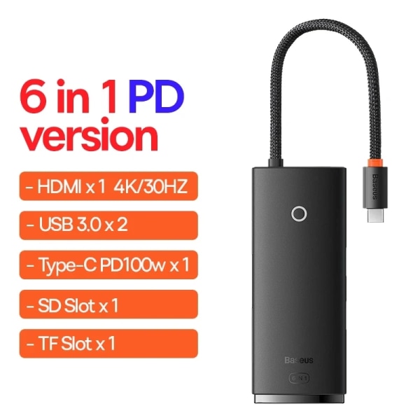 Bas192.- HUB USB 3.0 av typ C, med 6 portar, kompatibel HDMI, adapter 4K @ 30Hz, station 6 000 S6 för PC, tillbehör information 6 in 1 PD Charging B CHINA