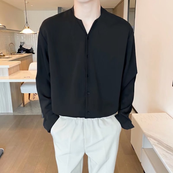 2023 Ny Langærmet Skjorte Mænds Lat Efterår Tynd Trendy Skjorte Trend Sort Tommer Skjorte Mænds Overbeklædning Black XL