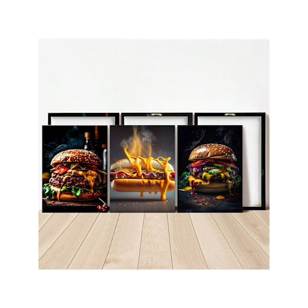 3 Bit Läckra Mat Canvas Plakat Set - Hot Hundar Och Hamburgers Vägg Konst För Vardagsrum, Sovrum, Kontor, Café, Bar Och Sovrum Inredning. Multicolor 25.5*34*1.5