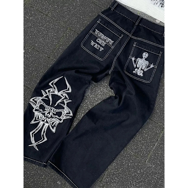 Houzhou Y2k Byxor Men Hip Hop Retro Skull Broderier Tvättade Baggy Byxor Skelett Casual Loose Bredd E Benbyxor Manliga Gatutkläder White XXL