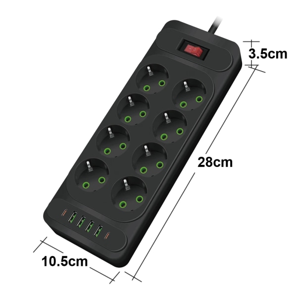 EU-kontakt AC-uttag Multitap Power Strip 2m Förlängningssladd Eluttag Smart USB Hemmakontor Överspänningsskydd Nätverksfilter F35 Black EU Plug
