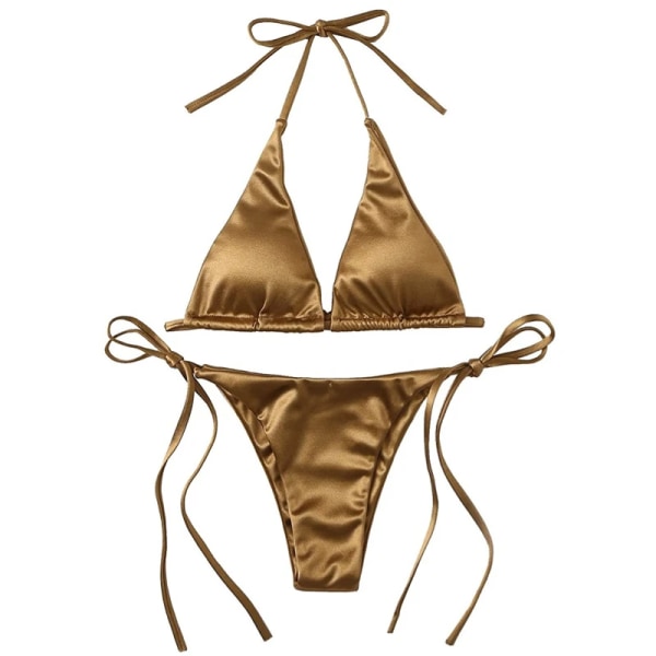 Sexig metallisk grimstopp för damer Tvådelad baddräkt slips sidotriangel Bikini Solid sommar baddräkt Beachwear Set A M