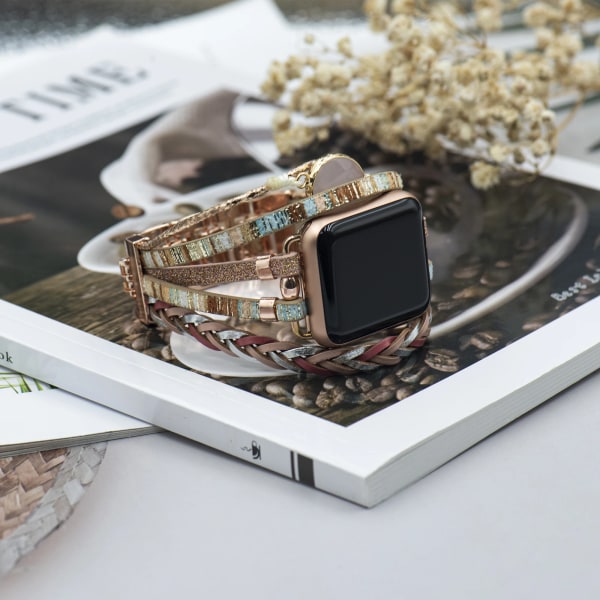 Kompatibel med Apple Watch Band Armband för kvinnor män 38mm/40mm/41mm 42mm/44mm/45mm/49mm, Fashion handgjord läder iwatch band gold 42mm 44mm 45mm 49mm