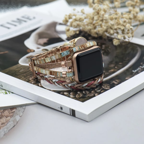 Kompatibel med Apple Watch Band Armband för kvinnor män 38mm/40mm/41mm 42mm/44mm/45mm/49mm, Fashion handgjord läder iwatch band Rose Gold 38mm 40mm 41mm