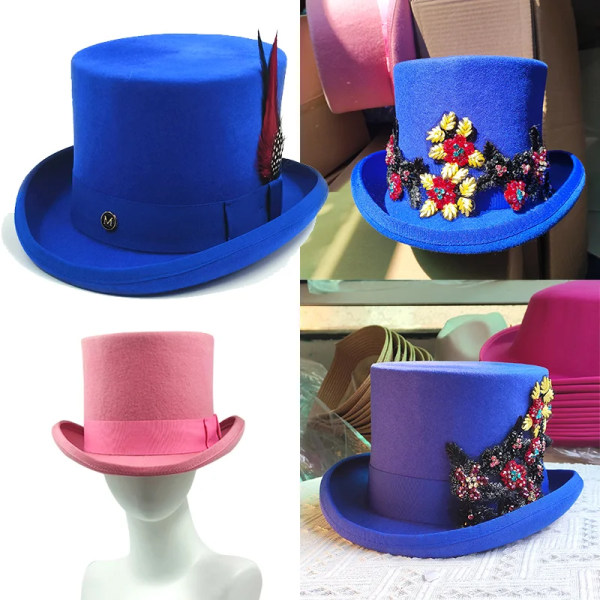 Special High Top hat Trollkarl hög hatt Prestanda Brittisk svart jazz topp hattar manliga och kvinnliga domstol gentleman platt filt hatt 1 S 54-56