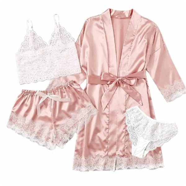 Sommar Hot Sälja Kvinnors Pyjamas Set Spets Fyra Stycke Sling Set Casual Bekväm Pyjamas Pink white lace XL