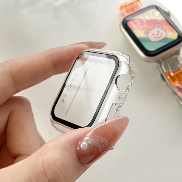 Glas+ cover För Apple Watch Case 44mm 40mm 42mm 38mm stötfångare Skärmskydd för Apple Watch Tillbehör 9 8 7 6 5 4 3 41mm 45mm E Silver 34 Series 654SE 44MM