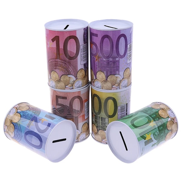 1Pc Kreativa Tinplate Cylinder Piggy Bank Euro Dollar Bildlåda Hushåll Spara Pengar Box Hem Dekoration Pengar Lådor Penga A1 11x7.5 cm