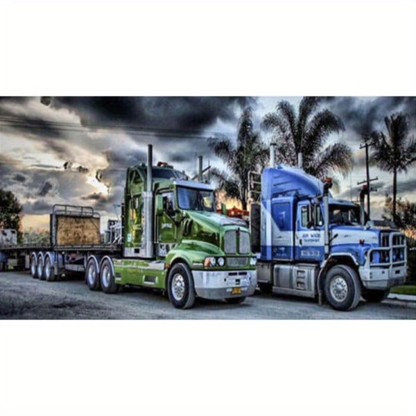 5D gör-det-själv, stor storlek, rund diamant målningssats för vuxen nybörjare Tecknad transport Tung blå och grön lastbil broderi Mosaikkonst Bilddekoration 40×70CM/15.75×27.56inch