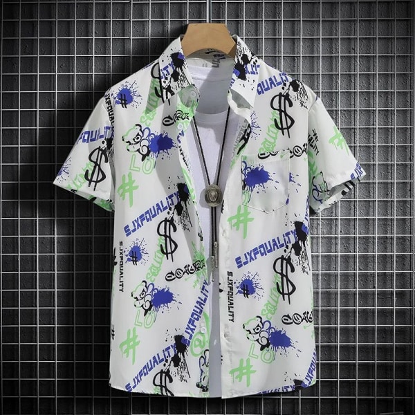 Snygg skjorta med printed , lös passform med korta ärmar för män och kvinnor - perfekt för casual strandlook C52 Green L 50-60kg