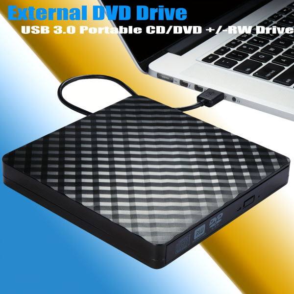 Extern DVD-enhet, USB 3.0 Bärbar CD/DVD +/-RW-enhet/DVD-spelare för bärbar dator CD ROM-brännare kompatibel med bärbar dator Stationär PC Windows Linux OS Mac Black