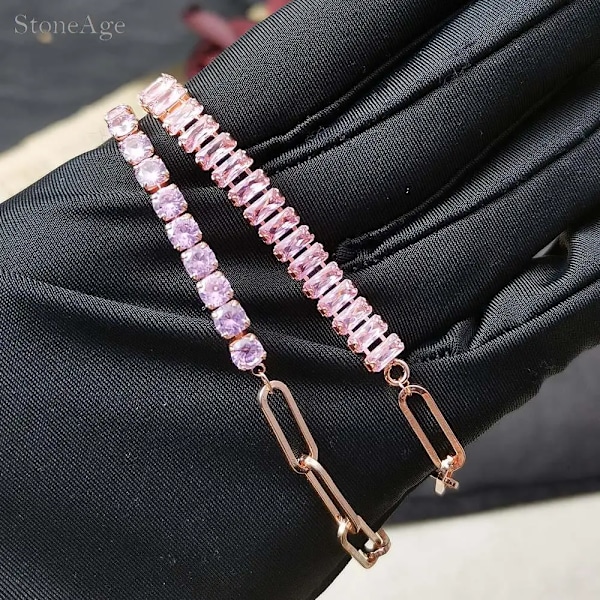 Pink Crystal Tennis Armband Til Kvinder Kvinde Trend Romantisk Shiny Zirconia Justerbar Fælge Spænde Kæde På Hånd Je Gods KBH035-11