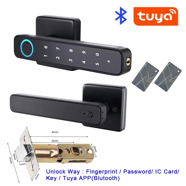Tuya SmartLife APP Smart Fingeravtryck Lösenord RFID-kortlås Död bult med nyckel för inomhus trämetalldörr Black A Tuya