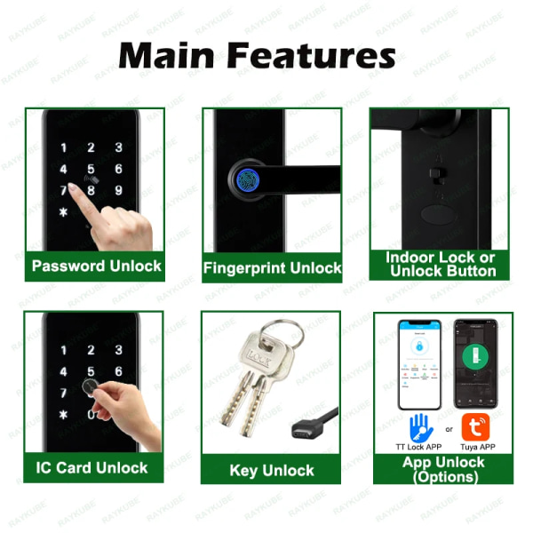 K8 Smart Dörrlås TTlock Bluetooth / Tuya Wifi Fingeravtryck Lösenord 13,56MHZ IC-kort Keyless Smartlife Home 22x195 TT Lock Version