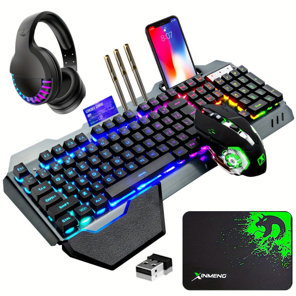 Trådlöst speltangentbord Mus Bluetooth -headsetsats med 16 RGB bakgrundsbelyst uppladdningsbart batteri Metall Mekanisk Ergonomisk (Rainbow RGB) Black RGB