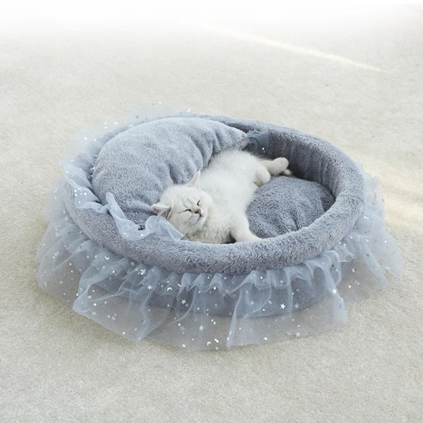 Princess Cat Bed Mjuk Spets Husdjur Sovsäng för Katt Kattunge Valpsoffa Varm Runt Husdjursbo med Kudde Kudde Katttillbehör Pink M 40x32cm