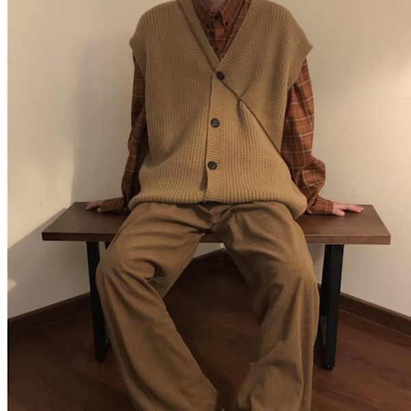 Japansk stil retro vår og efterår løs V-hals trendy brun strikket cardigan vest sweater vest til mænd og kvinder tren ny Khaki XXL