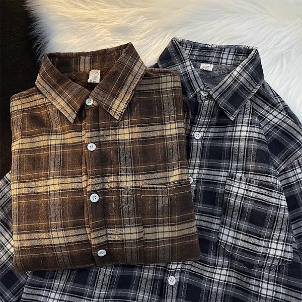 Hong Kong Style Plaid Tröja Mäns Höst Och Vinter Snygg Lång Ärm Skjorta Mode Trendy Märke Japanska Style Inre Wer Vår Och Höst Rock Nytt Brown XL