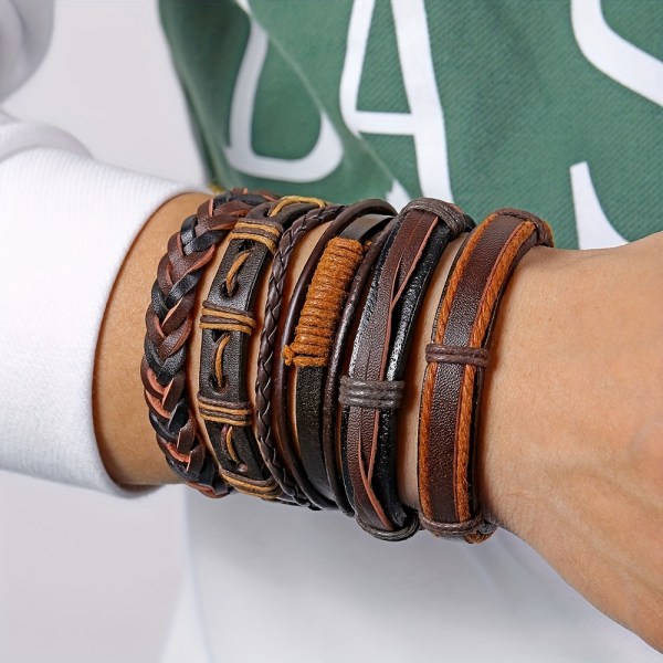 5st Flerskiktsläderflätat Trendigt justerbart armband för män Brown