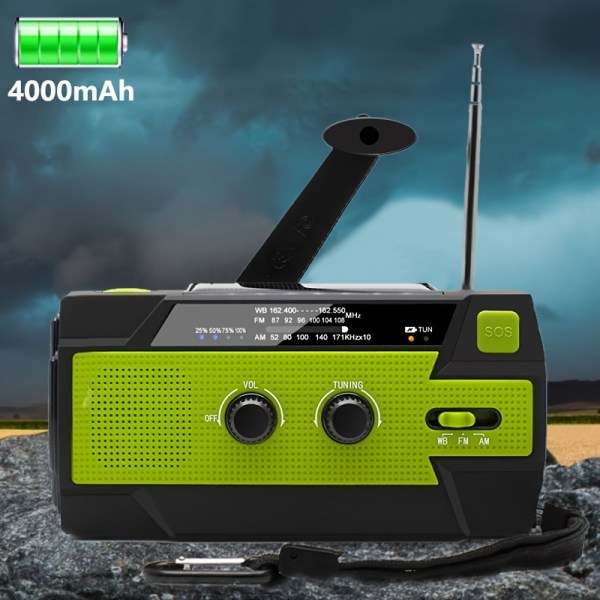 Nödvevväderradio 4000mAh Solarhandvev Bärbar AM/FM/NOAA väderradio med 1W 3-läges ficklampa och rörelsesensoravläsning Black & Green