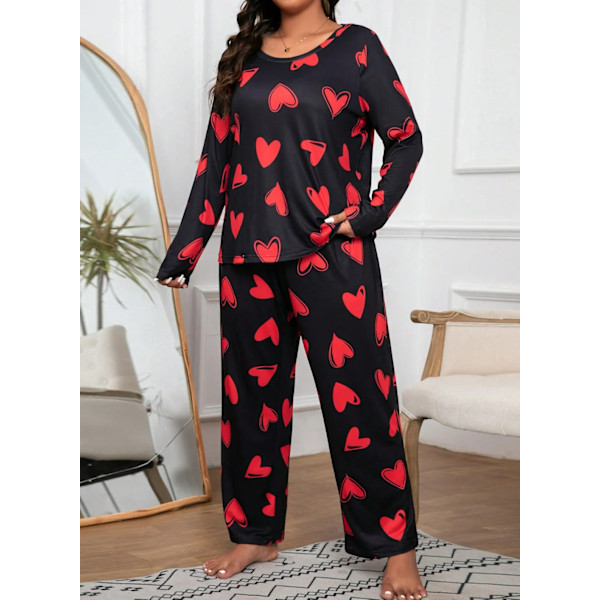 Plus Size Kvindernes Hjerte Print Langærmet Pyjamasæt, Blødt Let 2-delt Loungewear, Perfekt Til Hjemmet Og Afslapning red XXL