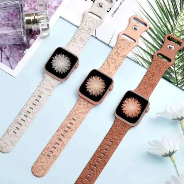 Rem för Apple Watch Band 44 mm 42 mm 41 mm 40 mm 45 mm 49 mm 44 mm Blomgraverat armband correa iwatch series 9 7 SE 6 8 Ultra 2 Sunflower Pink Sand 38mm-40mm-41mm