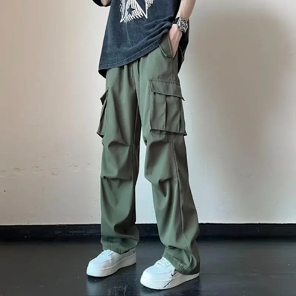 2024 Aarmy Grön Midja Överalls Pojkar Byxor Baggy Rak-Ben Flera Fickor Byxor Män Casual Streetwear Svett Byxor army green 4XL