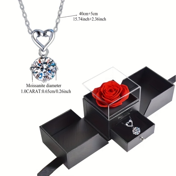 925 Sterling Silver Moissanite Halsband / Eternity Ring & Rose Flower Presentbox Set för mamma Mormor Hustru Mors dag Alla hjärtans dag