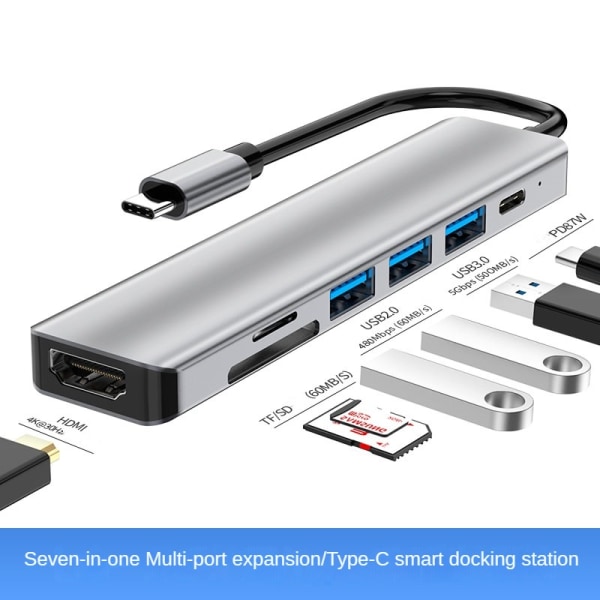 AUG 7-i-1 dockningsstation Multifunktionell bärbar intelligent expansionsdocka för Apple, PD87W*1+ USB 3.0*1+ USB 2.0mm 2d + TF-kortplats Silvery