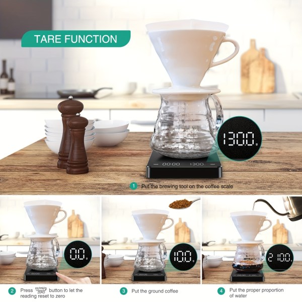 Digital kaffevåg med timer, laddningsbar espressovåg, 3 kg/0,1 g mini kaffevåg med dropp espressovåg, matvåg med 3 enheter, tarafunktion