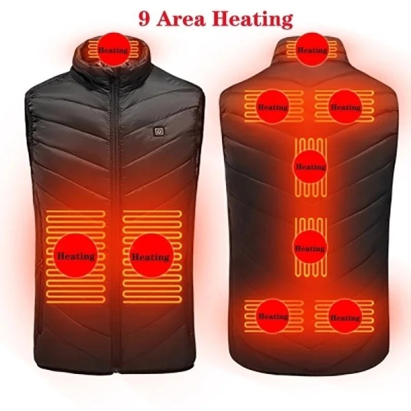 Multi-zon USB Uppvärmd Jacka Ärm Snabb Självuppvärmd Väst Herr Vinter Jakt Verwarmde Bodywarmer Elväst 발열조끼 9 Areas Black Asian size XXL