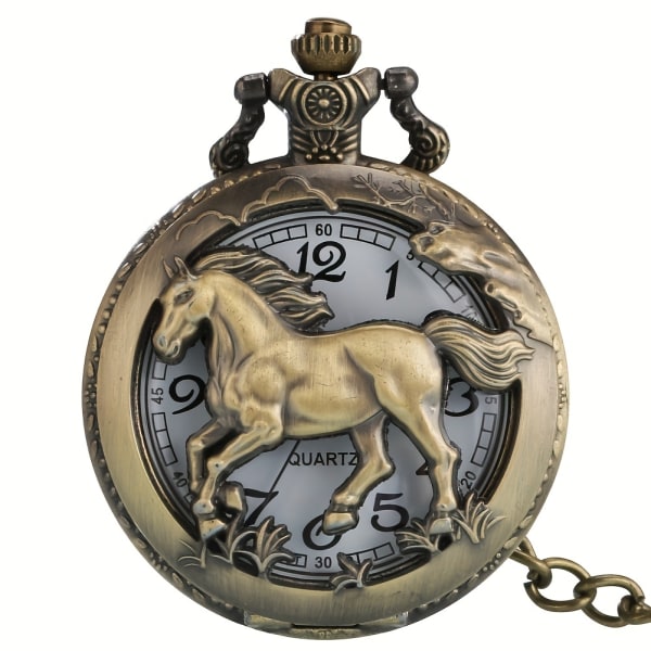 Fashion Horse Fob Quartz klockor, vintage halsband hängande klocka, brons fickur watch halsband White