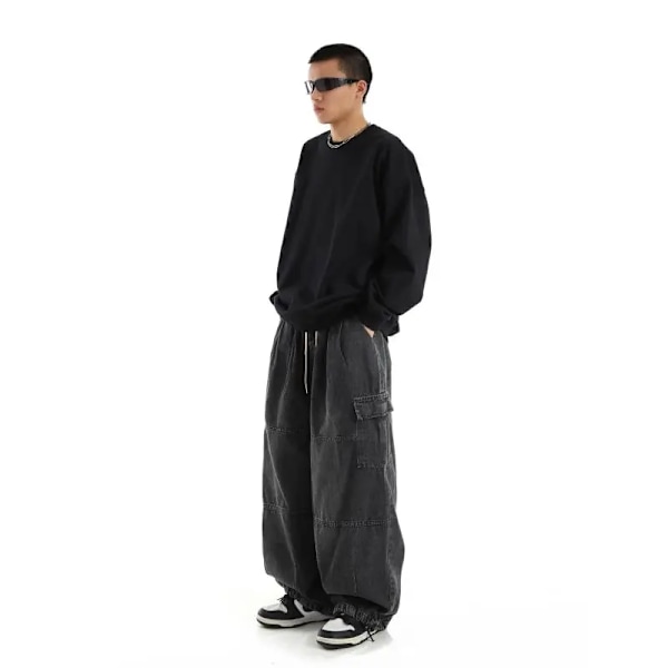 Y2k Black Baggy Cargo Jeans Byxor Män Streetwear Casual Hippie Jogging Bred Ben Översize Lång Man Denim Byxor black XXXL