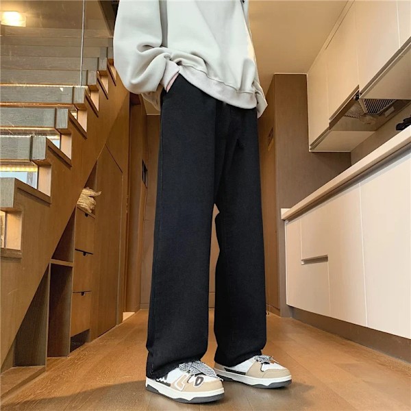 Koreanske Mænds Casual Hip Hop Lange Baggy Jeans Klassiske Mænd Lige Ben Denim Bukser Lyseblå Grå Sorte Streetwear Bukser black S