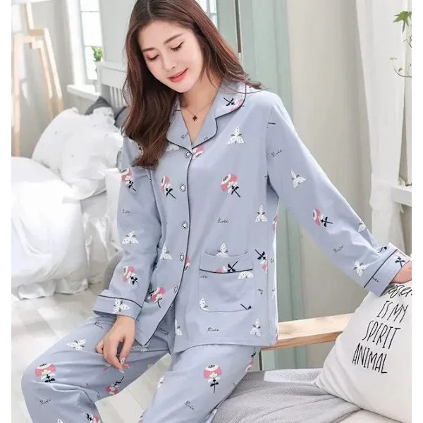 Mäns Kvinnors 100% Bomull Lång Ärm Pyjamas För Hösten Vintern Homewear Ytterkläder 856 water blue umbrella XL