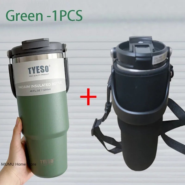 Tyeso Termospullo Teräksestä Kaksikerroksinen Eristetty Kuppi Kylmä Ja Kuuma Kahvikuppi Tumbler K Matkamuki Green With Cup Bag 1200ML