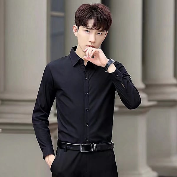 Vaaleanpunainen miesten slim-fit pitkähihainen puku paita miesten korealainen tyyli muodikkaat plus-koko sulhasen bestmanin hääpuku talvi Black L