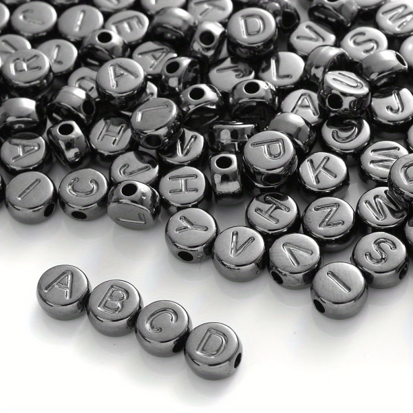 100 st blandade bokstavsbokstavar runda pärlor Legerade metallpärlor Charms pärlor för att göra smycken handgjorda armband (0,4 cm/0,16 tum X 0,7 cm/0,28 tum) Gun Black