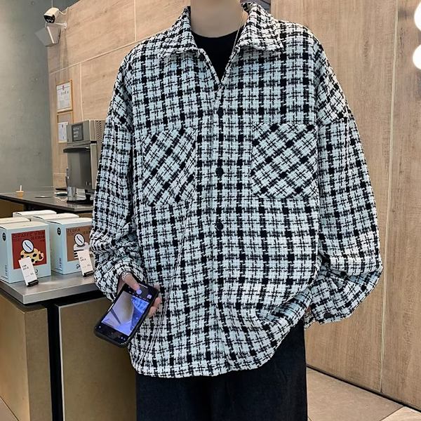 Hong Kong Style Japansk Style Ternet Langærmet Skjorte Mænd Trendy Casual Skjortejakke Forår Og Efterår Mode Mærker Wooler N Rock Til Mænd Blue M