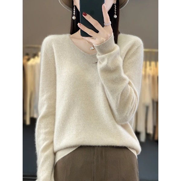 100% Merinoull Damtröja V-hals Långärmad Pullover Höst Vinter Bas Tröja Cashmere Stickad Damkläder Beige XL